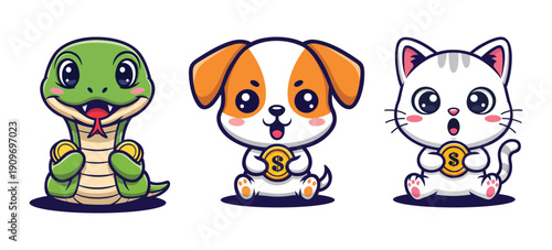 Cartoon Illustration of a Snake, Dog and Cat Holding Dollar Coins