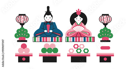 Hinamatsuri Celebration Setup with O hina sama Dolls Ornamental Lanterns Miniature Trees and Traditional Festival Food Offerings