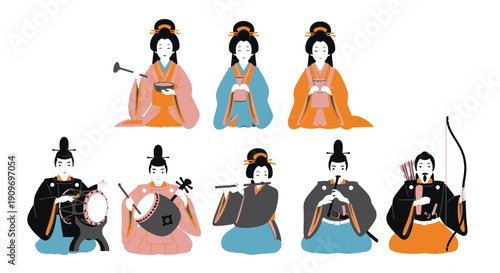 Traditional Japanese Hina Dolls Celebrating a Cultural Festival with Musicians and Court Figures in Colorful Robes