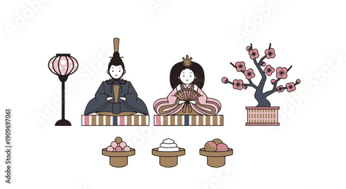 Japanese Hinamatsuri Display with Classic Emperor and Empress Dolls Charming Lantern Flowering Plum Tree and Sweet Treats