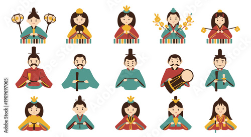Traditional Japanese Hina Dolls Set for Hinamatsuri Festival Celebration Featuring Various Court Figures in Colorful Kimonos and Accessories