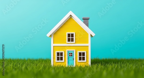 Wallpaper Mural A vibrant yellow house model with blue door & windows, on green grass, against a teal backdrop Torontodigital.ca