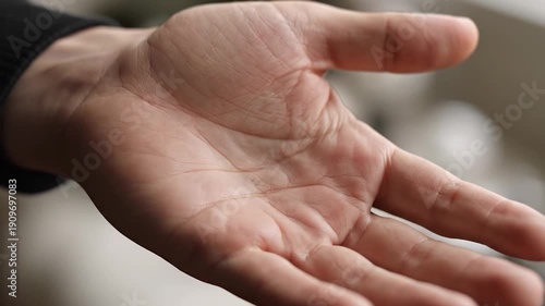 An open hand presents itself, with intricate lines and skin texture visible