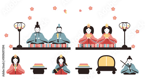 Traditional Japanese Hinamatsuri Doll Set Display Featuring Emperor Empress Musicians and Attendants Adorned with Cherry Blossoms