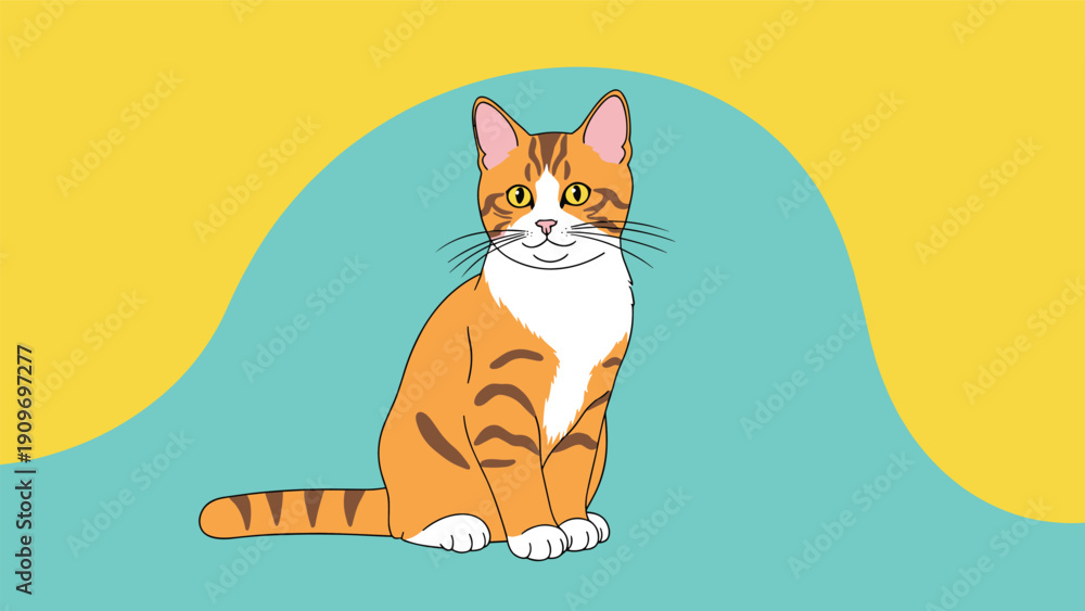 Fototapeta premium Handsome orange tabby cat with white markings sitting calmly against a soft abstract background in a vector illustration.