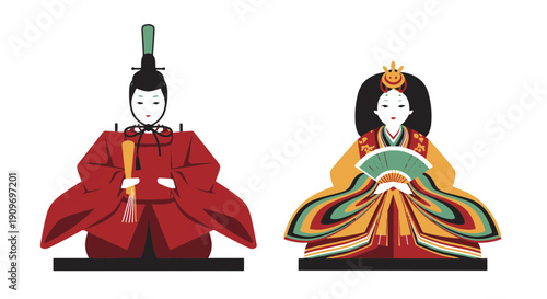 Traditional Hinamatsuri Dolls Featuring Emperor and Empress Figures Beautifully Adorned in Ceremonial Japanese Robes and Accessories