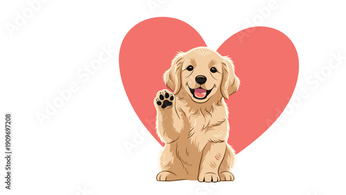 Sweet golden retriever puppy raising its paw in front of a large pink heart background represents love and affection.