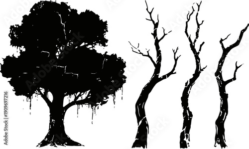 Silhouettes of large leafy tree and three barren trees with twisted branches isolated on white