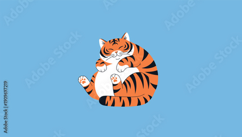 Chubby and happy cartoon tiger lying down on a soft blue background provides a friendly and charming character design.