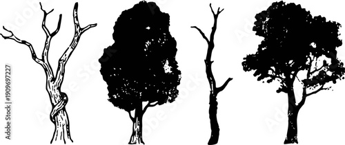 four black silhouette trees with different shapes and foliage styles isolated on white background