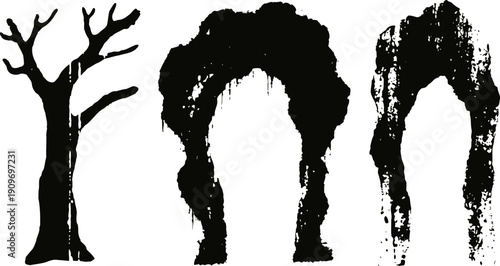 Silhouette set of dead tree, stone arch, and dripping grunge textures, spooky halloween elements