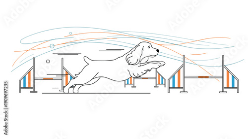 Energetic spaniel dog jumping over agility hurdles is shown in a clean line art style with dynamic background elements.