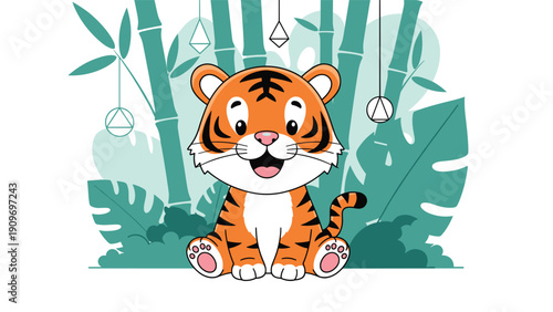Cute cartoon tiger cub sitting in a lush bamboo forest with stylized leaves and hanging ornaments in a vector illustration.