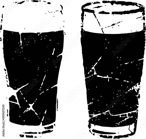 Grunge illustration of two textured beer glasses filled with dark brew, vintage distressed effect
