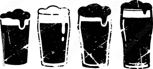 four vintage beer glass silhouettes with foam froth grunge textured pint glasses icons collection