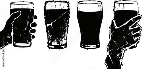 Silhouettes of hands holding beer glasses with frothy foam, isolated on white background