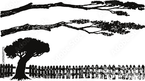 Silhouette of tree, branches, and wooden fence in black ink landscape illustration