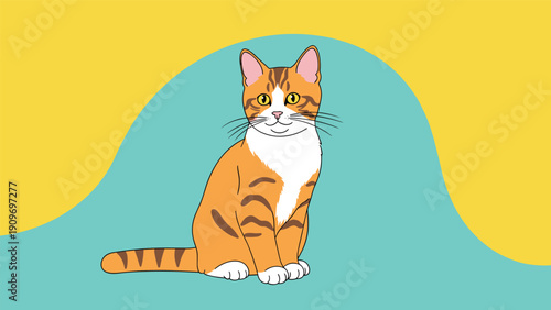 Handsome orange tabby cat with white markings sitting calmly against a soft abstract background in a vector illustration.