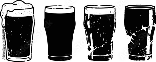 Illustration of four beer glasses with varying levels of foam and reflections in black and white