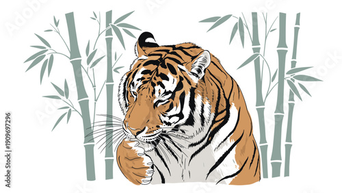 Bengal tiger licking its front paw while sitting among stylized green bamboo stalks on a plain white background.