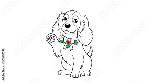 Adorable spaniel puppy sitting and raising a paw while wearing a festive christmas bow with holly leaves and berries.