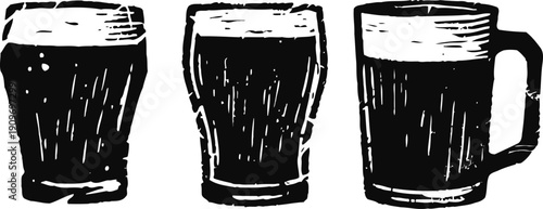 Three black and white illustrations of beer glasses with foam, pint and mug styles in vintage woodcut design
