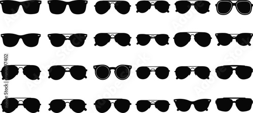 Collection of modern sunglasses silhouettes showing diverse eyewear styles for fashion, summer, travel, and optical design projects vector set illustration