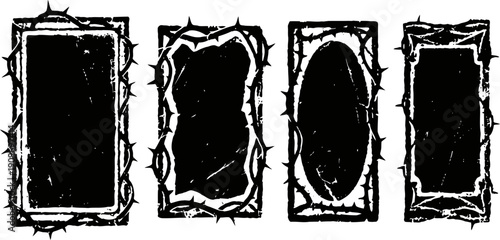 Grunge black frames with thorny borders in various rectangular and oval shapes, rough vintage