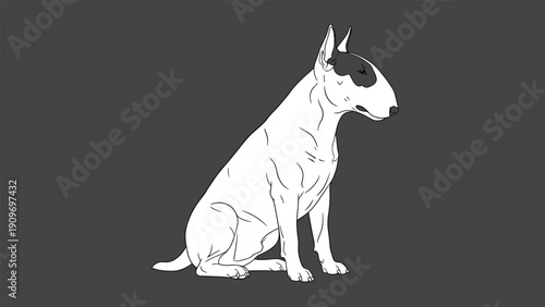 White bull terrier dog with a black eye patch sitting calmly against a dark grey background in a side view pose.