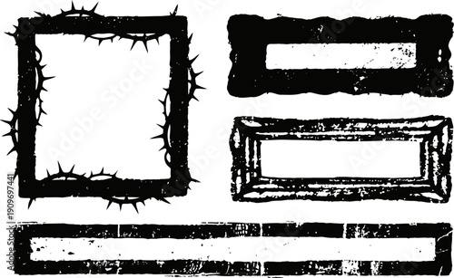 Grunge black rectangular and square frames with rough edges and scratches