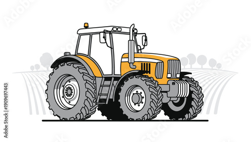 Orange agricultural tractor parked in a field with a background of rolling hills and stylized grey tree shapes.