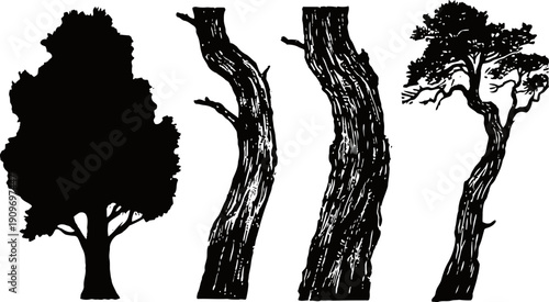 Black silhouette tree and textured tree trunks set with natural shaped branches in vertical