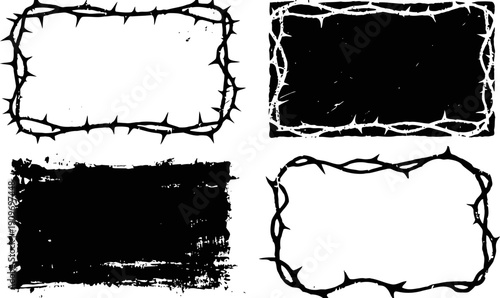 Grunge rectangular frames with barbed wire borders in black and white design set