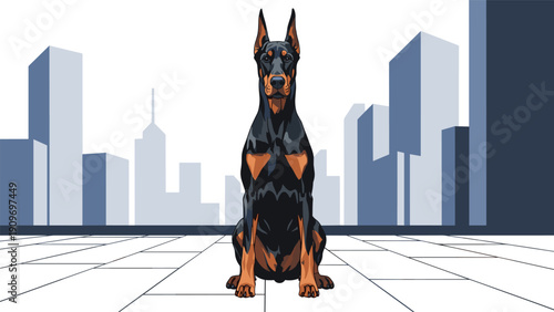 Doberman Pinscher dog sitting proudly in front of a blue and grey city skyline with skyscrapers in the distance.