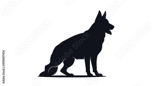Solid black silhouette of a German Shepherd dog standing alert on a flat surface with a plain white background.