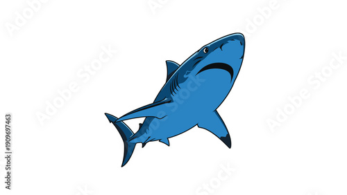 Dynamic illustration of a blue shark swimming through the water with its mouth slightly open and fins extended.