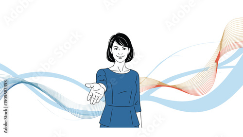 Elegant woman in a blue dress reaching her hand out toward the viewer against an abstract and wavy background area.