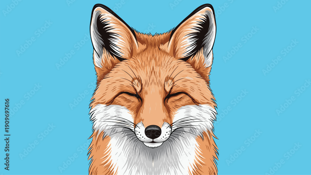 Fototapeta premium Frontal portrait of a red fox with closed eyes and a peaceful expression set against a bright blue background with smooth gradients.