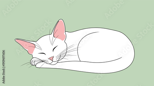 Gentle illustration of a white cat with pink ears sleeping soundly while curled up on a soft light green background.