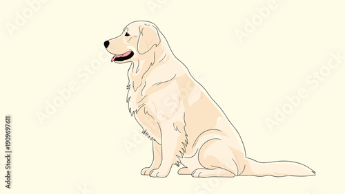 Classic side view illustration of a friendly golden retriever dog sitting and panting on a light yellow background.