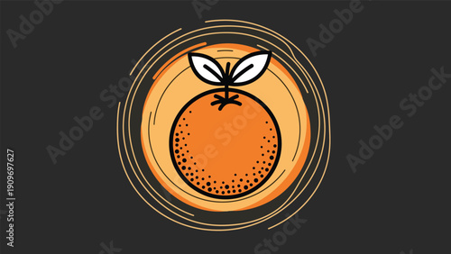 Stylized graphic icon of a bright orange fruit with green leaves on a dark background surrounded by decorative golden circles.