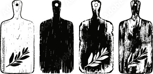 Four rustic cutting boards with worn texture and olive branch decoration in black and white silhouette