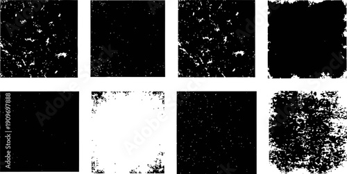 Set of eight black grunge texture backgrounds with distressed and worn overlay effects