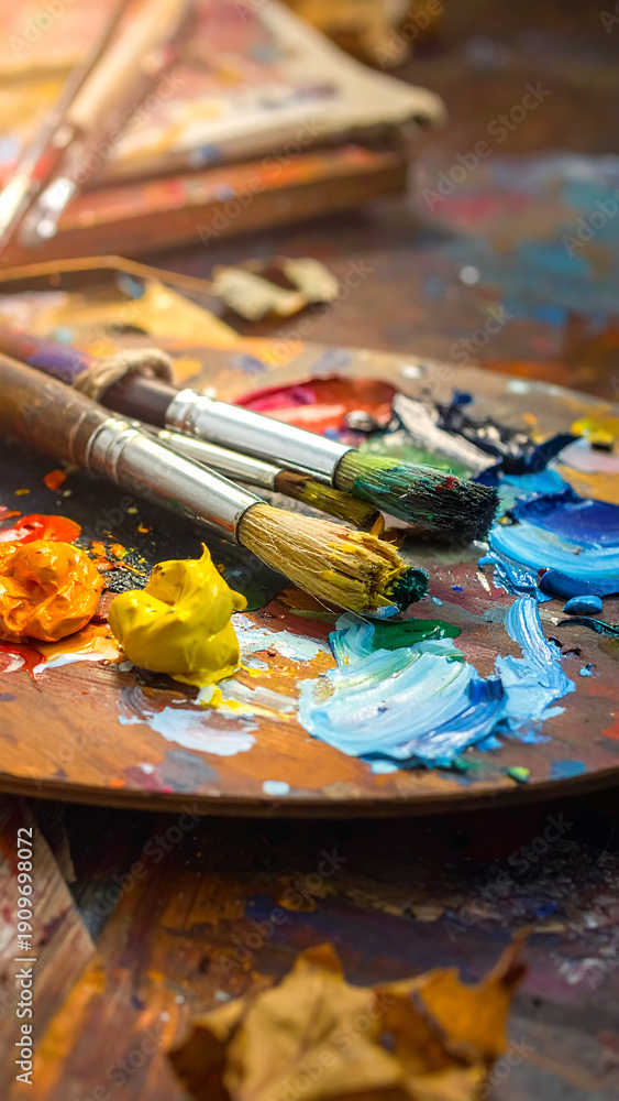 Fototapeta premium Wooden palette covered in colorful paint, with brushes resting on top