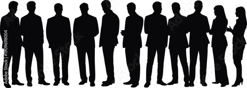 Silhouettes of professionals in business attire standing together, corporate teamwork vector illustration for office communication, organization, and workplace design