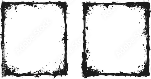 Grunge black distressed square frames with rough edges on white background for design