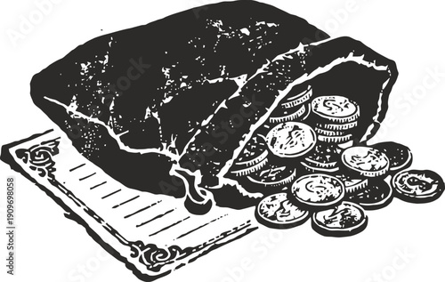 Old leather coin pouch spilling vintage gold coins onto an ancient parchment scroll