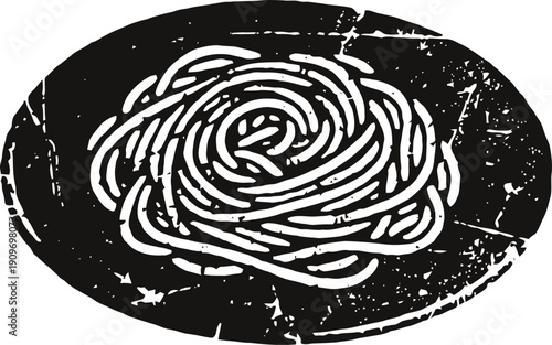 Black and white sketch of plate with spaghetti, italian pasta dish on round plate