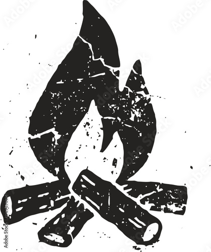 Campfire with burning logs and flame, rustic hand drawn charcoal drawing