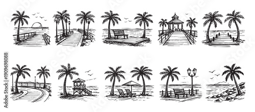 Hand-drawn black and white illustrations of tropical beach scenes featuring palm trees, piers, benches, lifeguard stands and relaxing seaside elements. Vector format great for travel, design.